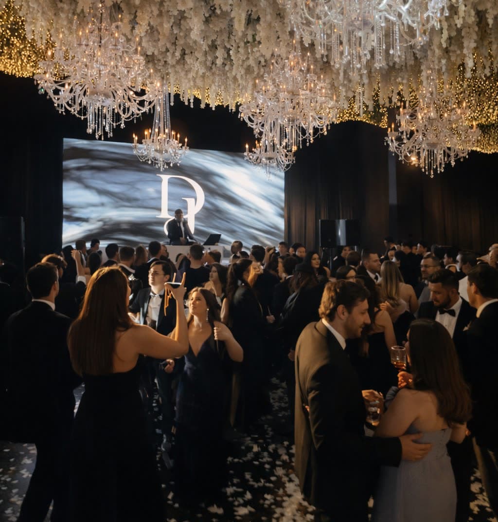 Gala nocturna con pista llena, candiles y pantalla LED con monograma
