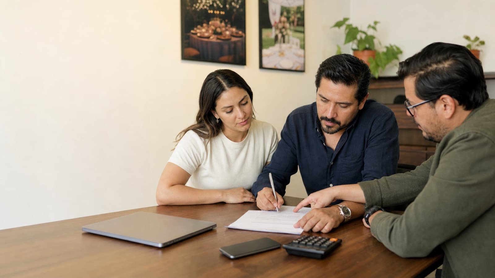 Pareja revisando y firmando el contrato con su proveedor de eventos